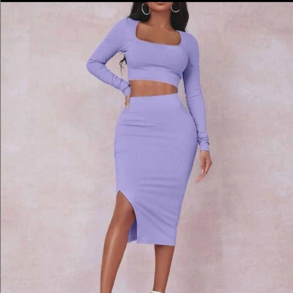 New Women’s Lavender Ribbed 2-Piece Skirt Set Long Sleeve Crop Top